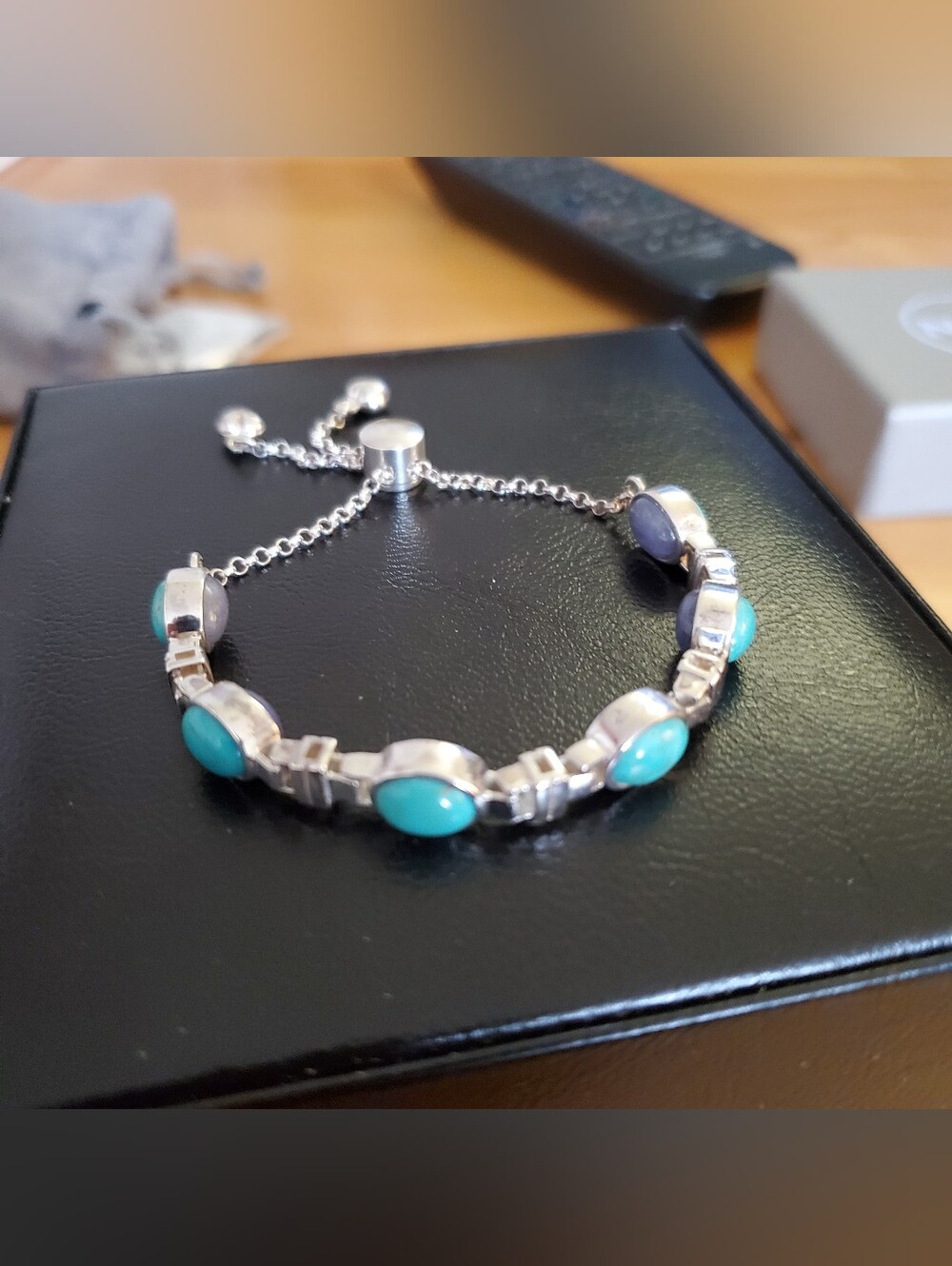 Jay King 925 Sterling bolo bracelet  oval turquoise gemstones and an adjustable